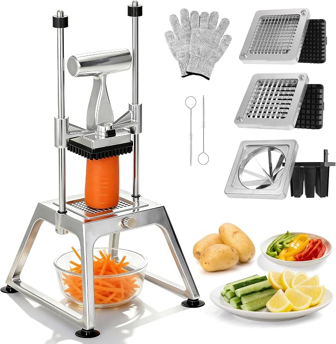 Commercial Vegetable Chopper & Fry Cutter, 3-Blade Manual Dicer | 1/4", 3/8" & 8-wedge blades, stainless steel cutters, aluminum alloy frame, suction base, detachable parts for easy cleaning