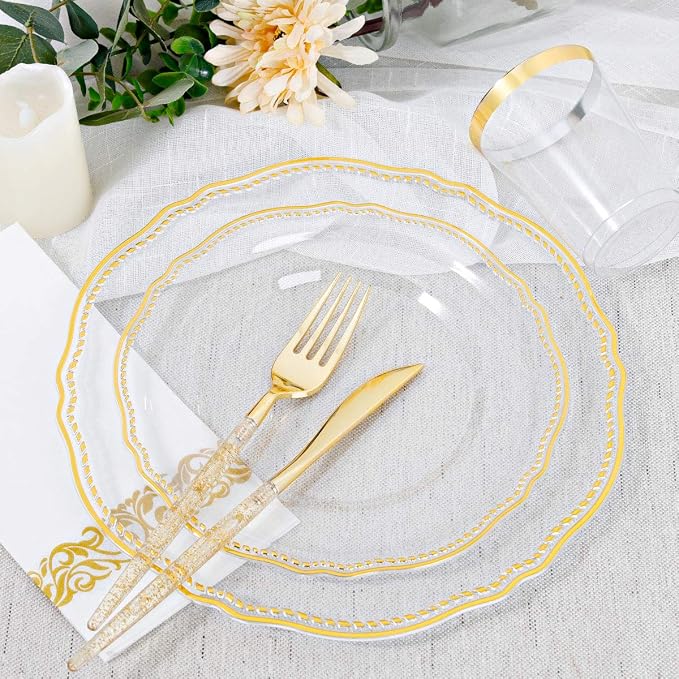 175 Pcs Clear Gold Plastic Plates, Serves 25, for Wedding & Party | Clear plastic plates with elegant gold rim & glitter-handle cutlery. Perfect for weddings. Durable and easy to clean.