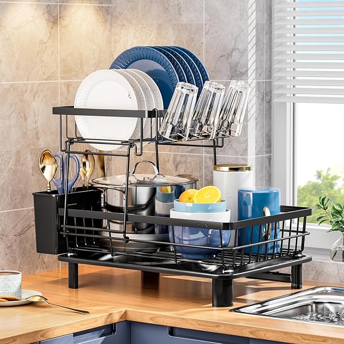 Dish Drying Rack, Stainless Steel-Dish Rack, Double Layer, | Dish Racks for Kitchen Counter, Kitchen Dish Drainers with Removable Utensil Holder,New Drain Outlet, (Black 3)