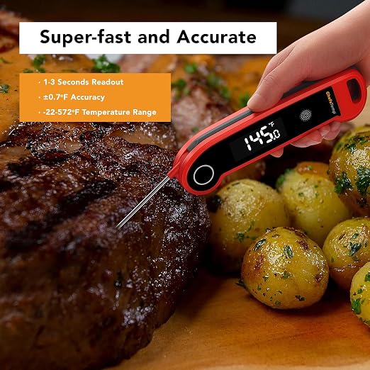 Digital Instant Read Meat Thermometer, NSF Certified | IP67 Waterproof Food Thermometer with Ambidextrous Backlit for Grilling, BBQ, Kitchen Cooking, Oil Deep Frying & Candy (Red)