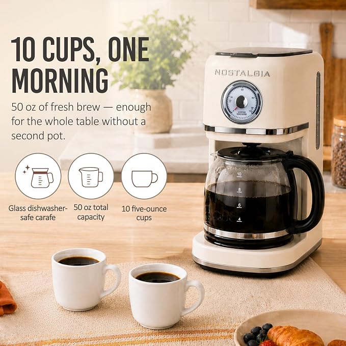 Nostalgia Classic Retro 10 Cup Coffee Maker - One-Touch Drip Brew, Reusable Filter - Anti-Drip, Auto Shutoff, & Time Display - Dishwasher Safe 50 oz Carafe - Cream
