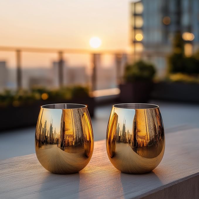 K&K Home Gold Stainless Steel Unbreakable Gold Stemless Wine Glasses - 15 oz - Set of 4 Colored, Stemless Metal Wine Glasses Perfect for Outdoors, Weddings, and Parties