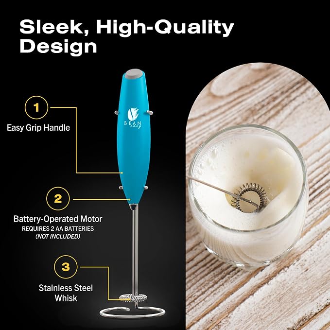 Bean Envy Milk Frother Handheld - Coffee Mixer Wand with Stand - Light Blue