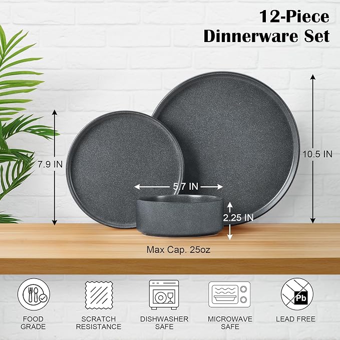 E-far Dinnerware Sets for 4, 12-Piece Reactive Glaze Plates and Bowls Sets | Plates and Bowls Sets, Kitchen Ceramic Dishes Dining Ware, Chip and Scratch Resistant, Microwave & Dishwasher Safe