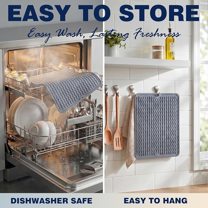 2 Pack Caketime Silicone Dish Drying Mat for Kitchen Counter Under Sink Protector Organizers Cooking Baking Espresso Machine Accessories Appliance Stone Rack Trays Drain Extra Large 24"x18" Black