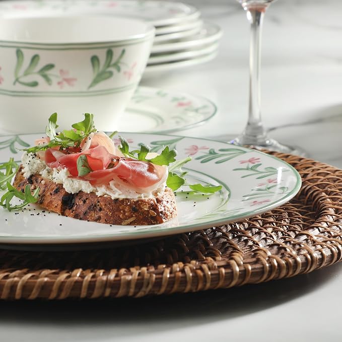 Martha Stewart Maiden Crown Plates and Bowls Sets, 12-Piece New Bone China Dinnerware Sets, Botanical Floral Design Dish Set, Microwave & Dishwasher Safe