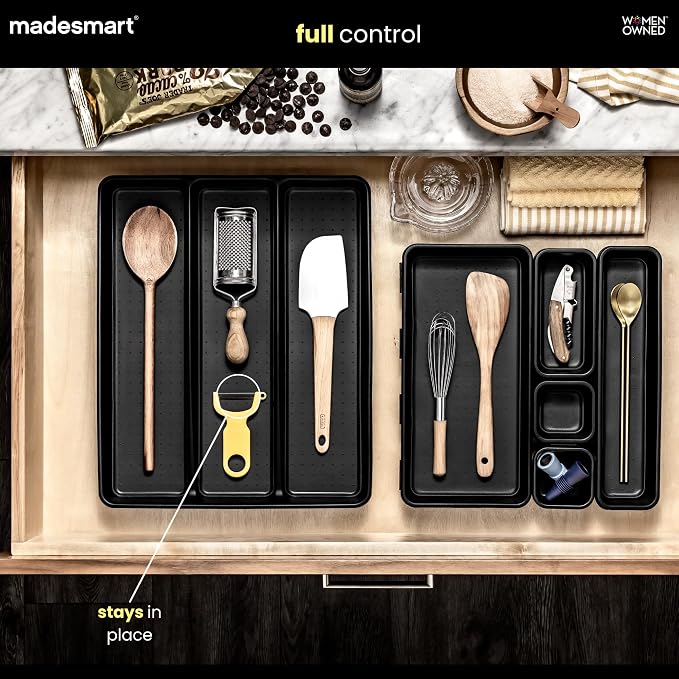 madesmart Classic 3 Compartment Utensil Tray, Carbon | non slip feet, rounded corners, soft grip lining, wide channels, spatulas whisks tongs, ladles serving spoons, woman owned