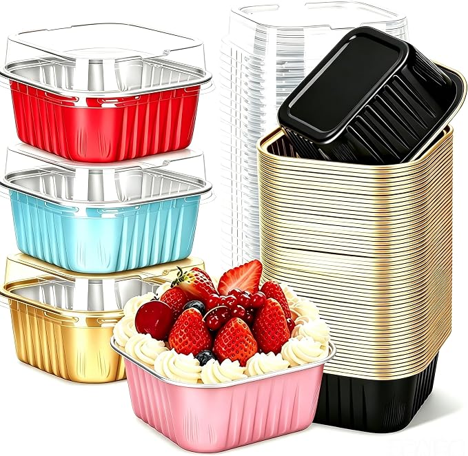 100Pack 5oz Mixcolor Mini Cake Pans with Lids Baking Cups Aluminum Foil Pans Tins, Individual Dessert Cups Containers for Sales,Party,Picnics
