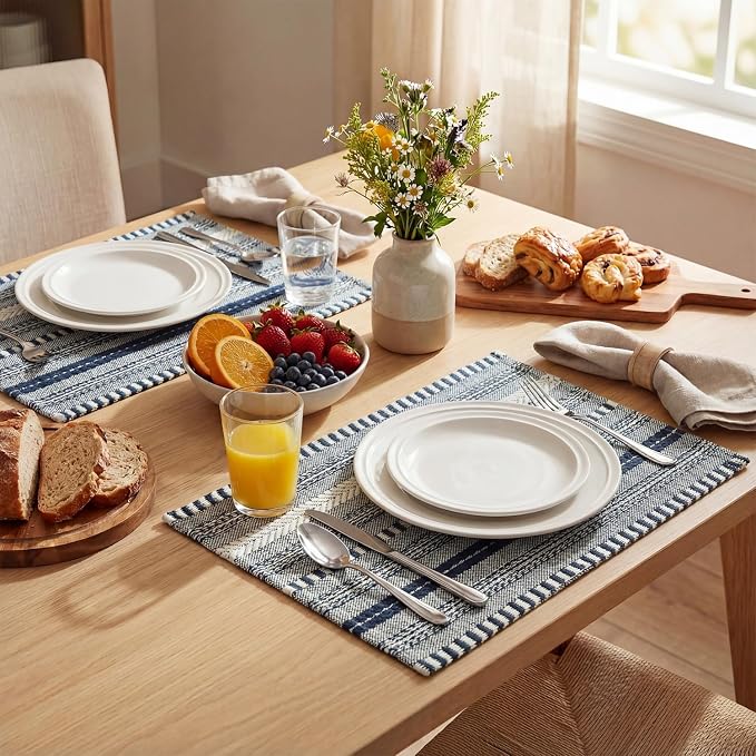 Artoid Mode Dark Blue Farmhouse Woven Braided Stripe Placemats Set of 6,12x18 Inch Seasonal Holiday Table Mats Party Kitchen Dining Decoration