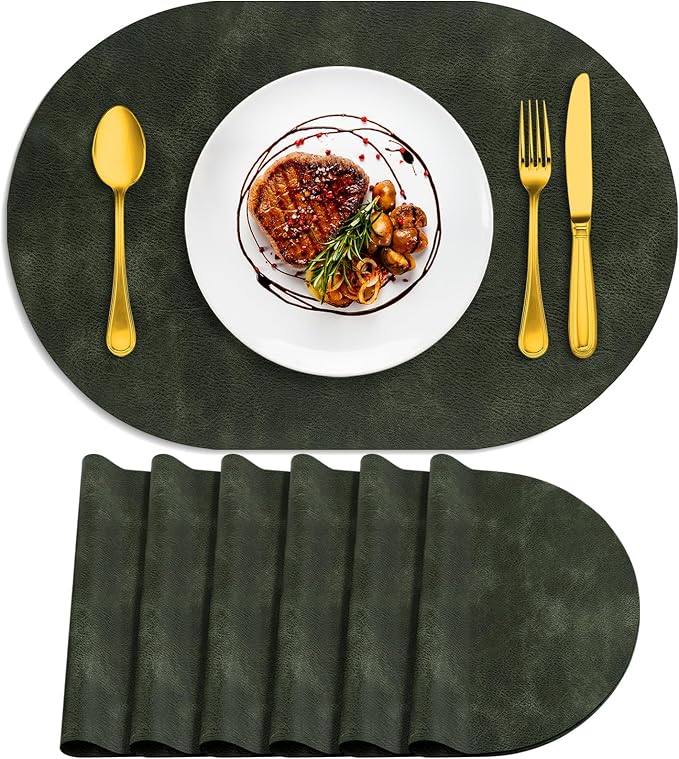 ADRIMER Placemats, Heat Resistant Oval Placemats Set of 6 Washable 12 x 17 Inch, Waterproof Table Mats, Wipeable Pu Place Mats for Kitchen, Dining Room, Olive Green
