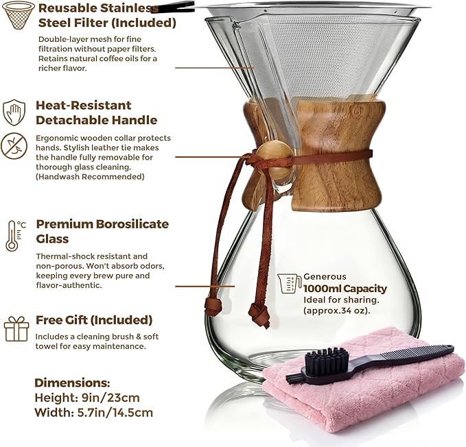 AGOGO Pour Over Coffee Maker Set, 34oz Classic Style, 304 Stainless Filter | Barista kit for home kitchen, Cafe, Camping & Office; 20oz-40oz Classic, Slim, Diamond styles; Includes brush & towel.