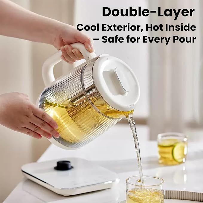 Double-Layer Electric Kettle1.5L with Stew Pot,Glass Health Pot, 9-in-1 Glass Tea Maker, Programmable Touch Panel, Stainless Steel Base for Soup, Porridge, Herbal Tea