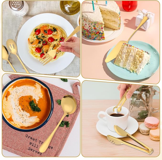 12Pcs Gold Serving Utensils Set, Stainless Steel Serving Utensils Set includes Serving Spoon, Serving Solted Spoons, Fork, Sugar Tongs, Food Tongs, Cake Spatula, Soup Spoon for Parties, Buffet
