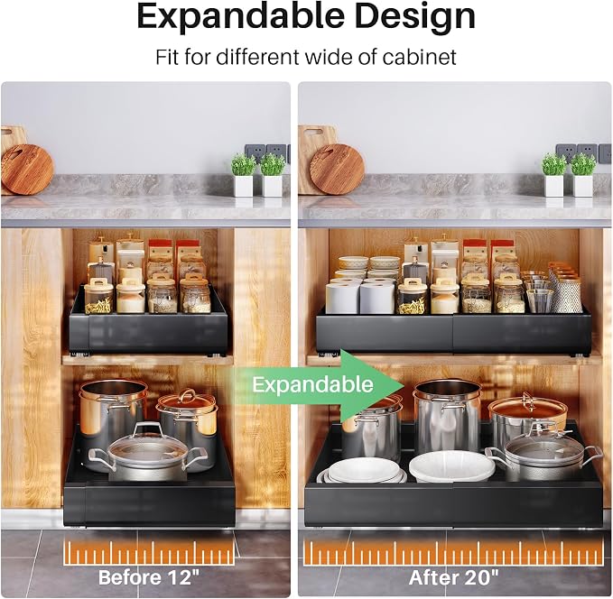 4 Pack Pull out Cabinet Organizer, Expandable(12"-20") Heavy Duty Slide out Drawer Fixed with Adhesive Nano Film for Pots, Roll out Shelf Storage for Kitchen Organization, Pantry, Bathroom(Black)