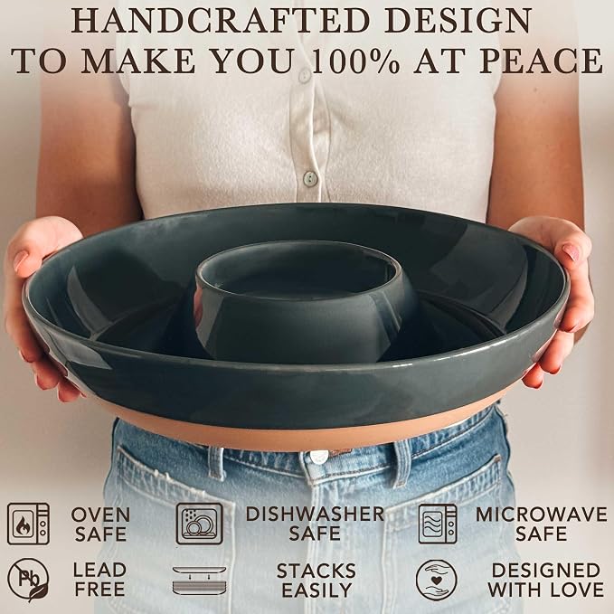 Mora Ceramic Chips and Dip Serving Tray: Large Divided Party Bowl Set for Chips & Salsa, Veggies & Dip, Fruit, Snacks, Entertaining, Hosting, etc. Minimalist Design for the Modern Hostess - Charcoal