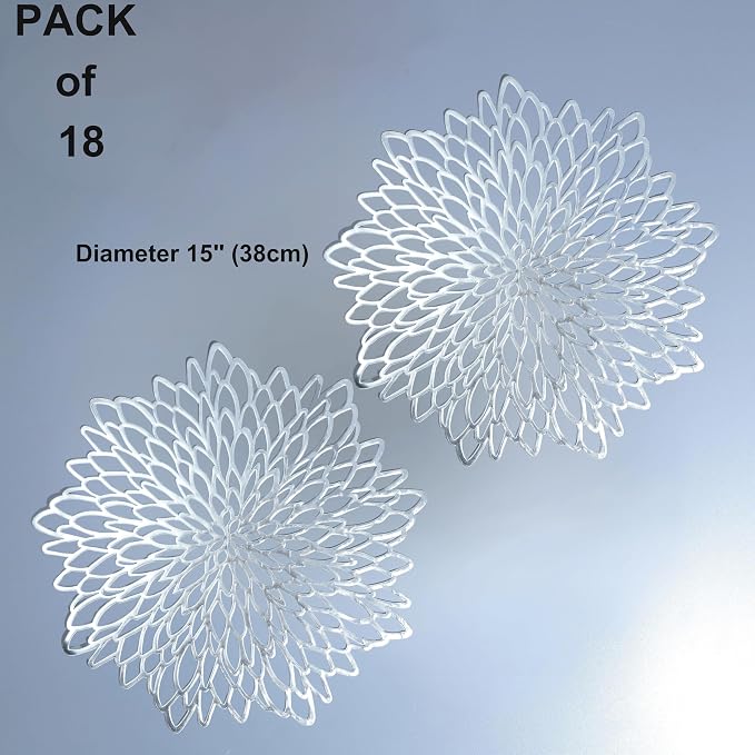 Snowkingdom 18 Pack Silver Placemats Metallic Glitter Vinyl Dinning Table Mats, Decorative Round Leaf Charger Bulk for Winter Thanksgiving Christmas Party Holiday Festive