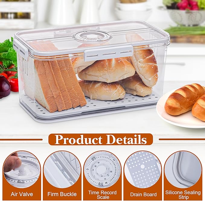 ANYPROLUS Bread Box for Homemade Bread Boxes for Kitchen Counter Airtight, Time Recording Bread Storage Container with Lid, Bread Containers Storage Airtight Loaf Bread Keeper, Large, White
