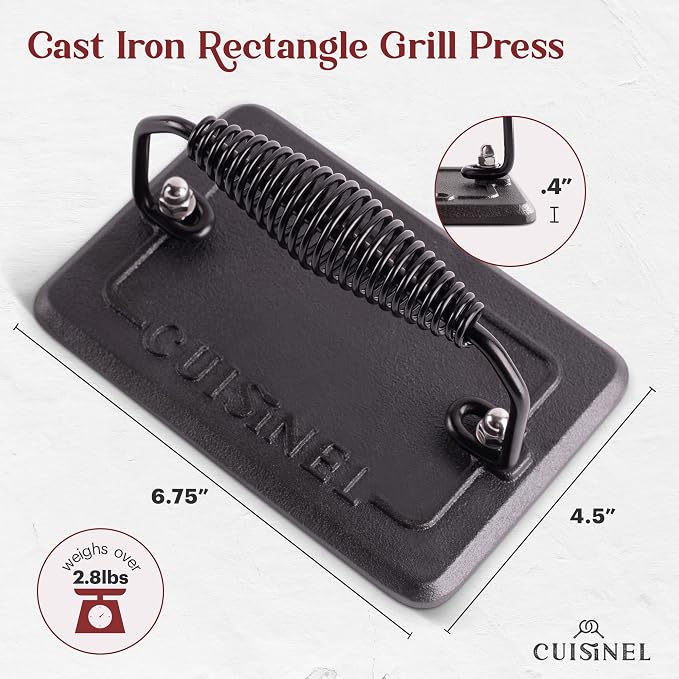 Cuisinel 10.5-Inch Square Cast Iron Grill Pan Set – PFAS & PFOA-Free Pre-Seasoned Ribbed Skillet with Grill Press, Glass Lid & Pan Scraper – Indoor Stovetop, Grill & Camping Cookware