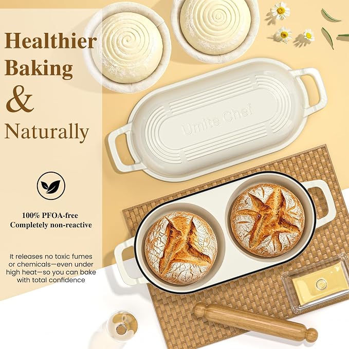 Dutch Oven for Sourdough Bread Baking - Enameled Cast Iron Dutch Oven Pot with Lid and 5" Banneton Bread Proofing Basket & Cotton Potholders, Dual Round Bread Loaf Pan for Homemade Bread, Meatloaf, Cake– (Cream White)