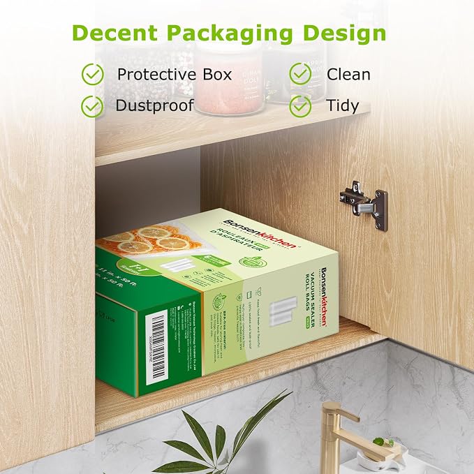 Bonsenkitchen Vacuum Sealer Bags Rolls for food, 11in x 50ft & 8in x 50ft | Durable Food Saver Bags, Commercial Grade, Heavy Duty, BPA Free, Seal a Meal, Food Storage & Sous Vide Cooking, VB25