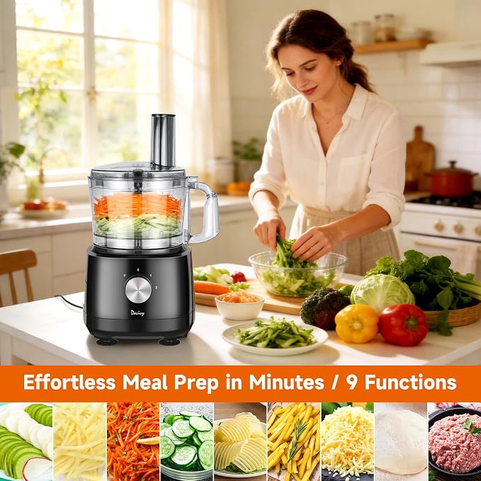 Davivy 7-Cup Food Processor with Storage Drawer, 9-Blade for Home Meal Prep | Cheese Grate, Wavy Slicer Meat Chopper, Dough Kneading, Veggie Salad Shred, French Fries for Party, healthy Snacks, baby food