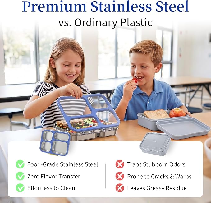Stainless Steel Lunch Box for Kids, Leakproof 4 Compartment Kids Bento Lunch Box with Clear Lid, BPA-Free Steel Lunch Box Containers for School Travel (Blue)