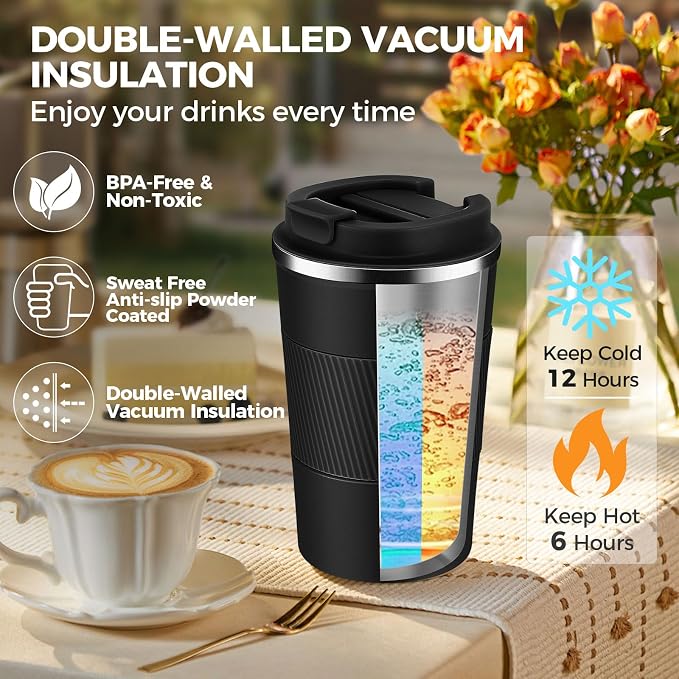 Volhoply 13 oz Stainless Steel Insulated Travel Coffee Mug with Fip Lid Bulk 4 Pack,Reusable Double Wall Vacuum Metal Coffee Cup,Portable Leak Proof Thermal Tumbler for Hot&Cold Drinks(Assort Color,4)