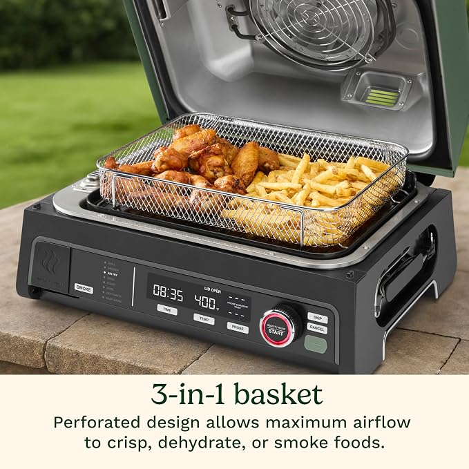 Cuisinart Outdoor Electric Grill, 8-in-1 Air Fryer/Grill/Smoker, 154 sq in | Cuisinart FlavorBoost 8-in-1 outdoor electric grill, 1800W small electric grill with air fryer & wood-pellet drawer, CEG-1302