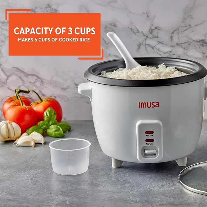 IMUSA 3 Cup Electric Ceramic Rice Cooker, White | For Rice Quinoa Oatmeal Stew, Compact for Dorms RVs Small Kitchens