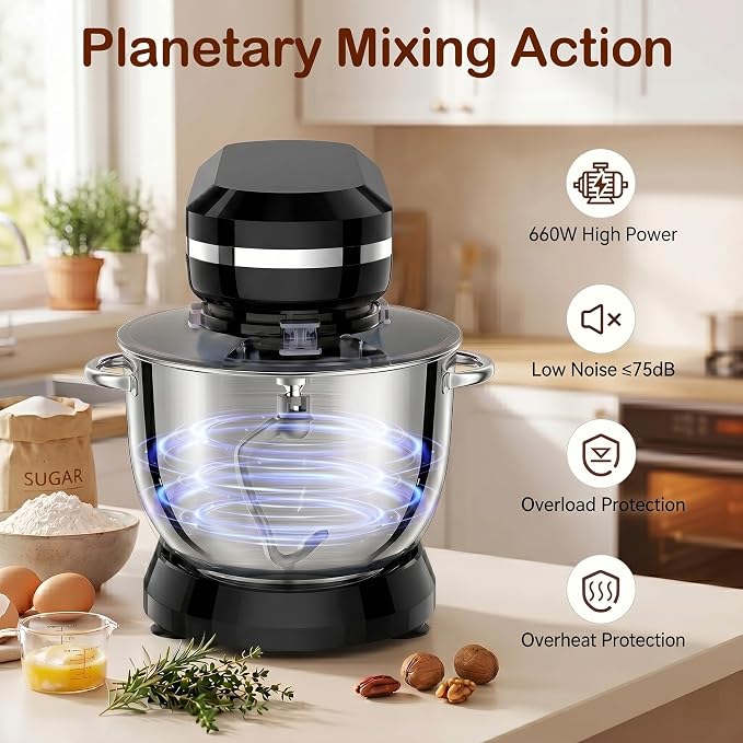 6in1 Stand Mixer with 6.5 Quart Bowl, 660W 10+p Speeds Kitchen Food Mixer Tilt-Head Bread Dough and Cake Mixers for Home Daily Use (Black)