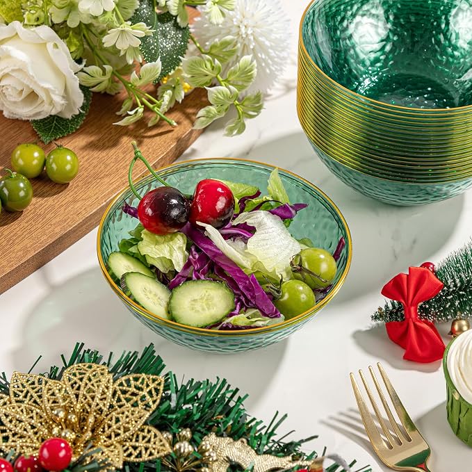 50 Pack 12 Ounce Clear Green Plastic Bowls Serving Bowls Hammered with Gold Rimmed, Heavy Duty Disposable Bowl Set,Small Bowls for Party Picnic