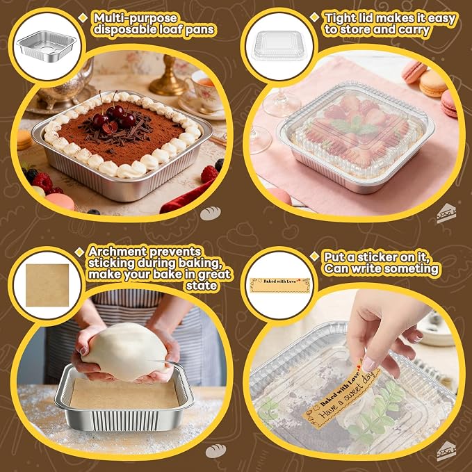 Gyreuni 40 Pack 8x8 Disposable Aluminum Baking Pans with Lids Kit | Heavy-duty aluminum foil pans resist bending and are ideal for baking, storing and transporting food.