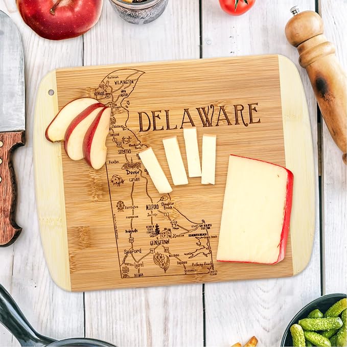 Totally Bamboo A Slice of Life Delaware Engraved Map Cutting Board | 11” x 8.75” charcuterie board with engraved state map artwork. Smooth reverse side for food prep. Hang tie for wall display.