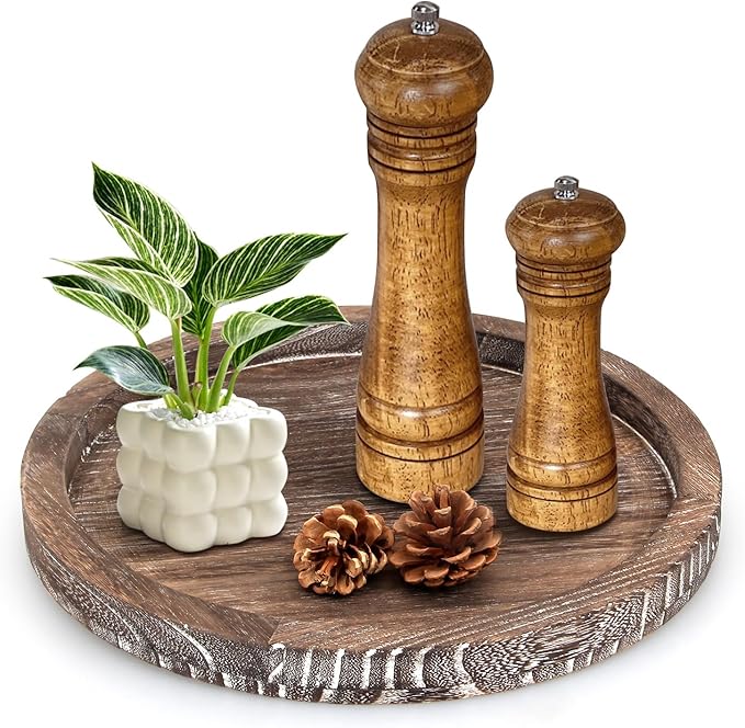 Round Decorative Wooden Serving Trays for Ottoman Coffee Table Tray Decor | Farmhouse Large Wood Candle Holder Rustic Dining Table Centerpiece Rustic Kitchen Home Decoration Circle Perfume Dresser Tray