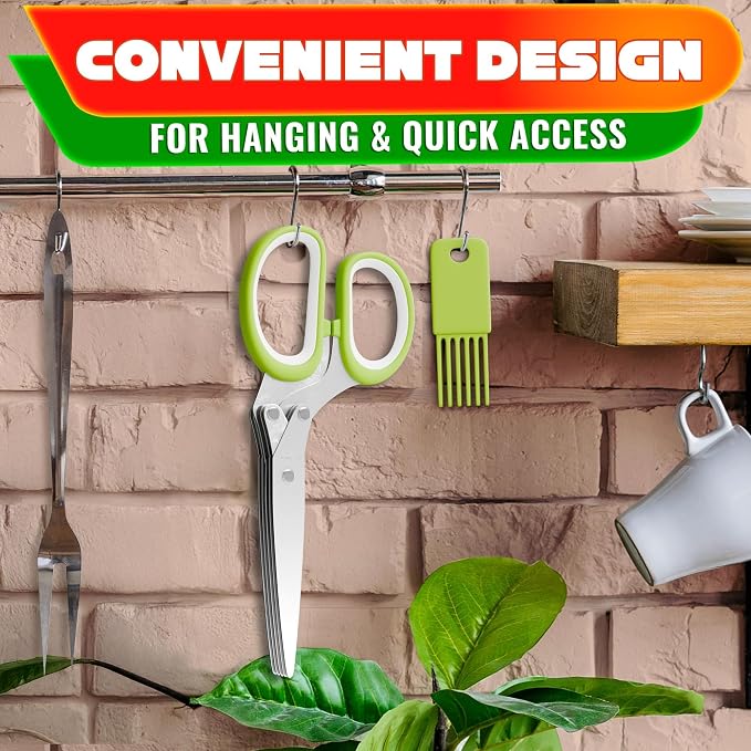 Herb Scissors with 5 Blades and Cover, Cleaning Brush, Even Cuts | Cilantro Cutter for Kitchen, Stainless Steel with Non-Slip Handle; Green Onion Scissors for Parsley, Salads and Greens