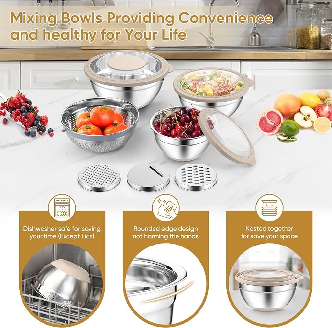 P&P CHEF Mixing Bowls with Lids, Metal Mixing Bowl with Colander, Khaki | 3 PCS Stainless Steel nesting bowls for Prepping, Storing, Colander for Draining, 3 Grater Attachments & Non-Slip Bottoms