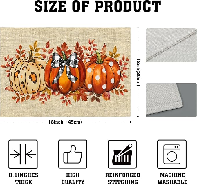 Fall Pumpkins Placemats Set of 4 18x12 Inch Autumn Thankful Linen Place Mats Heat-Resistant Washable Wipeable Thanksgiving Season Holiday Table Mat for Party Kitchen Dining Room Dinner Table Decor