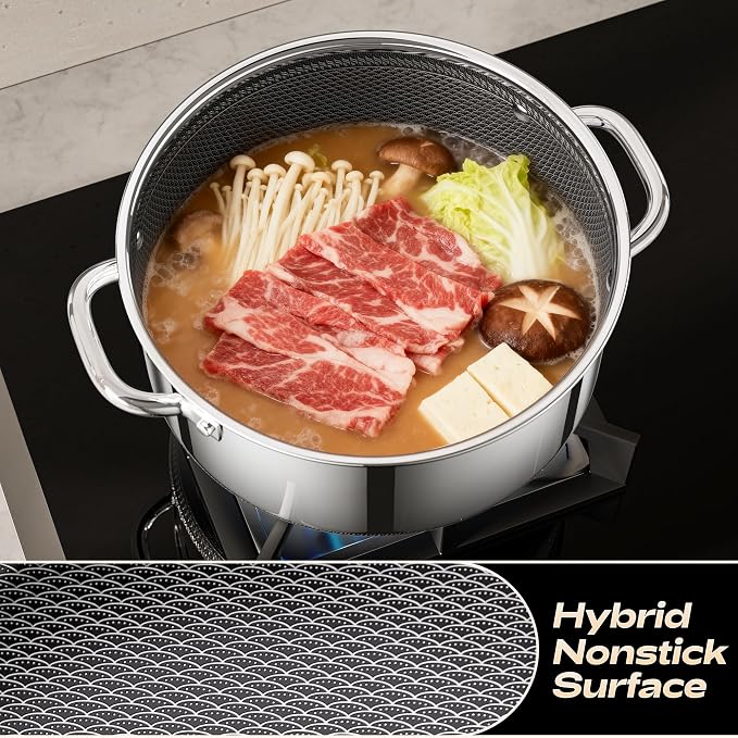 Hybrid Nonstick 2-Quart Stockpot,8 Inch Stainless Steel Stockpot with Glass Lid,PFAS PFOA PTFE Free, Dishwasher-Friendly, Oven-Safe Up to 600°F,Non-stick Soup Pot Compatible with All Cooktops