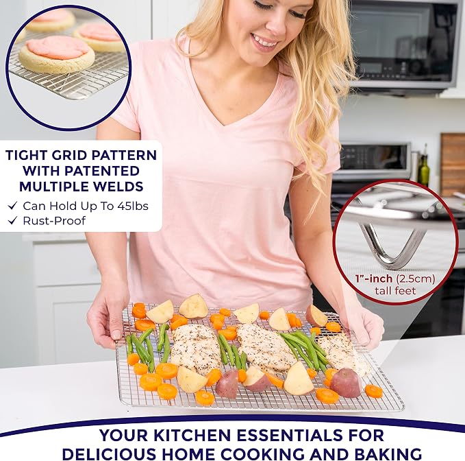Half Sheet Wire Rack Rust Free Even Airflow 11.8 x 16.9 Inches | Fits inside a standard half sheet pan to lift food for even heat while baking, grilling or cooling