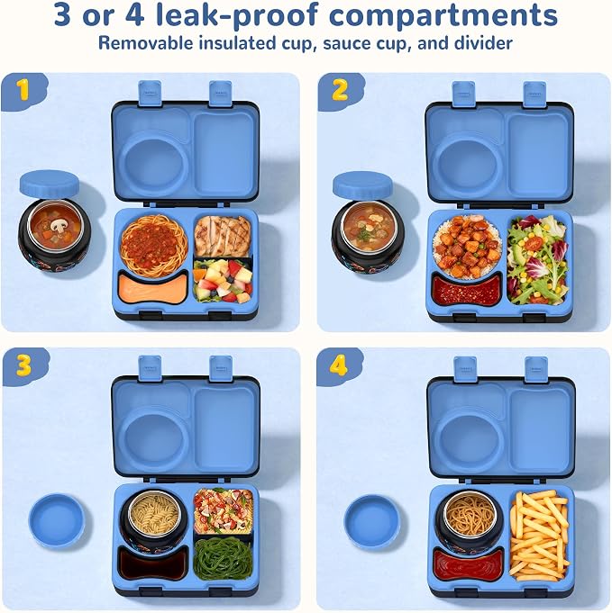 Bento Box for Kids, Leakproof Kids Lunch Box with 8.5OZ Thermo Food Jar & Lunch Bag, 3-4 Compartments Toddler Insulated Lunch Box for Boys, BPA Free Lunch Containers for School Daycare