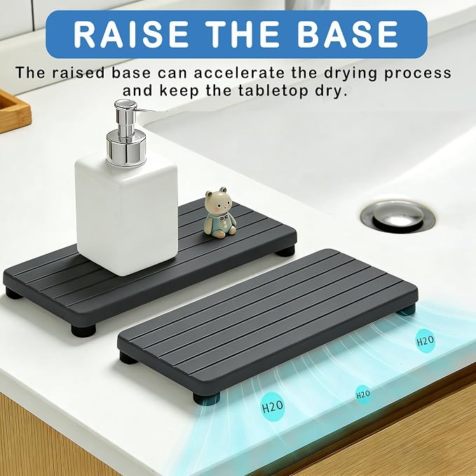 2PCS Stone Drying Tray, Water Absorbing Stone Tray for Sinks, Neat Diatomite Sink Trays, Fast Drying Kitchen Sponge Hand Soap Holder, Instant Dry Sink Coasters Used for Bathroom Counter -Dark Gray