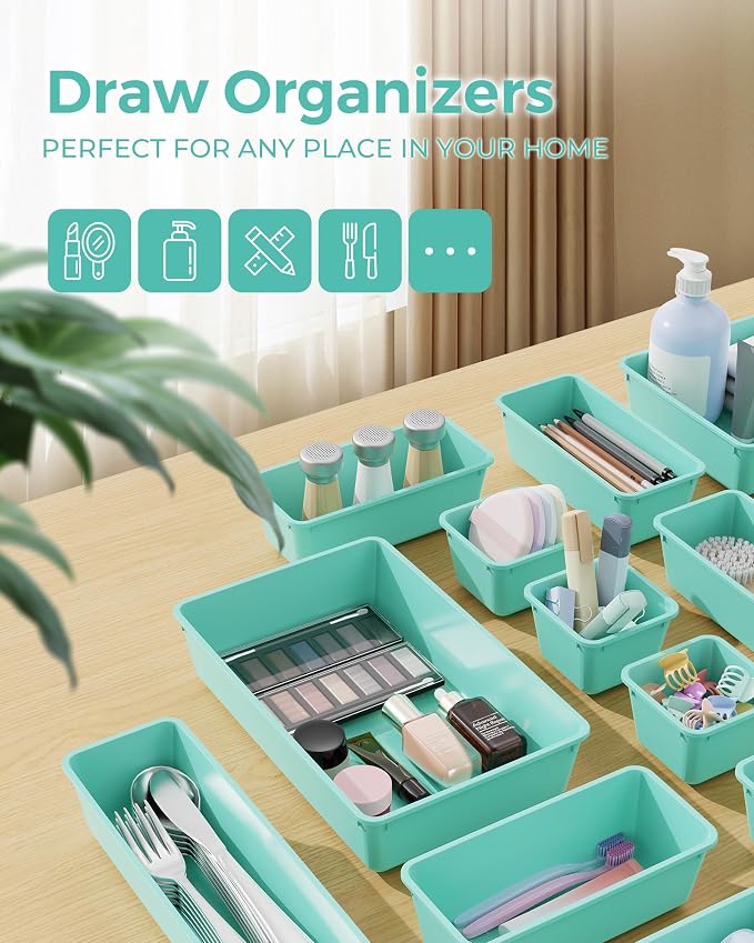 BiuLeon 25 PCS Plastic Drawer Organizers Set, 4-Sizes Vanity and Makeup Organizer, Desk and bathroom Drawer Organizer Trays, Organizers and Storage for Makeup, Jewelry, Gadgets, Utensils (Blue)