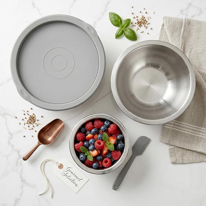 18/8 Stainless Steel Mixing Bowls Set with Lids,1.5,3 & 5 Qt,White | Non-Slip Silicone Base & Measurement Marks, Airtight Food Storage for Baking, Cooking & Meal Prep，Nesting Design