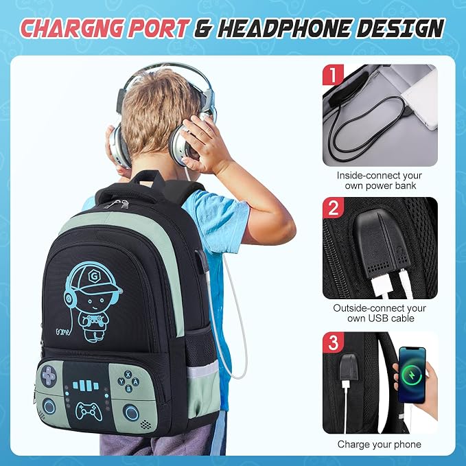 Backpack for School Boys, Cool Luminous Gamer Boys Schoolbag | with Lunch Box & Pencil Case Set for Kids Teens Elementary Middle School, Bookbag Glow In The Dark