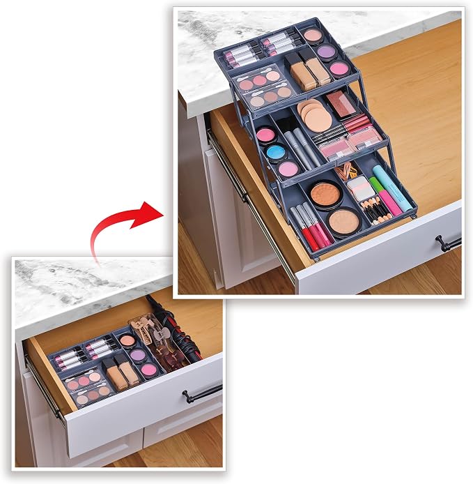 Ontel Smart Drawer Organizer - Multi-level Jewelry Holder, Cosmetics Organizer, or Office Drawer Organizer with Adjustable Dividers for Organization and Storage, Fits Drawers 9.5"W x 7.5"L x 2.75"D