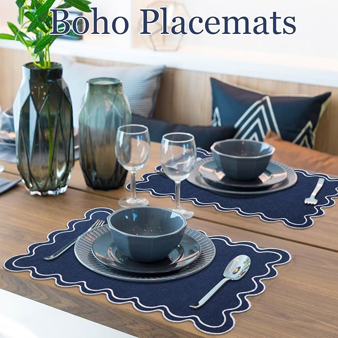 HunnmingRe Navy Blue with White Set of 6 Cotton Linen Wedding Placemats, 13x19 Inch Scalloped Wavy Embroidery Placemat Double Layered Washable Rustic Rectangle Dinner Table Mat for Home Decor