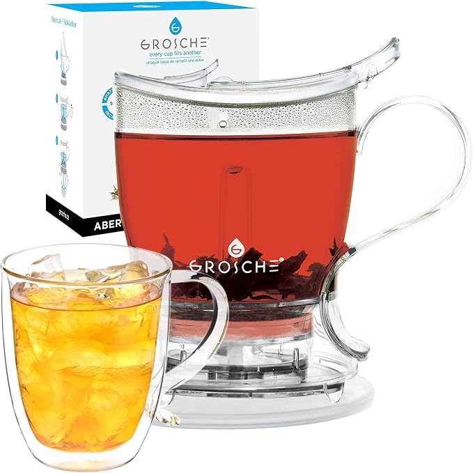 GROSCHE Aberdeen Smart Tea Maker BPA-Free Tea Infuser 34 oz + 16 oz Mug Set | Drip-Free Bottom Dispenser, Coaster, Easy Brewing, Simple Cleanup, Tritan Build, Loose-Leaf Steeping, Stylish Design