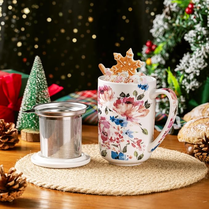 GBhome Tea Mug with Infuser and Lid,18 Ounce Ceramic Loose Leaf Cup Steeper | Lead-Free Glaze For Tea Lovers,Microwave & Dishwasher Safe with Tea Strainer