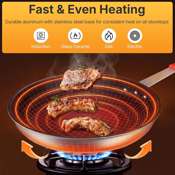 NEWBULIG Nonstick Frying Pan, 10 Inch Heavy-Gauge Aluminum Skillet with Ceramic Nonstick Coating & Stainless Steel Base for Induction, Electric, Gas, Oven Safe, Red Hanging Handle | Aluminum body even heating, steel handle silicone grip, oven safe 392°...