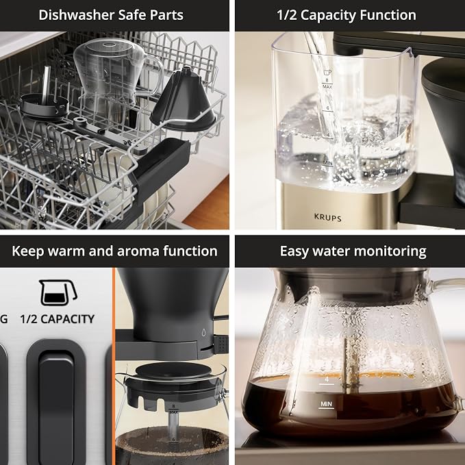 KRUPS Essential Brewer 8 Cup Drip Coffee Maker Machine, SCA-Certified, Blooming Technology, Barista-Quality, Pour Over Coffee Machine, Easy to Clean, Stainless Steel Design, Silver